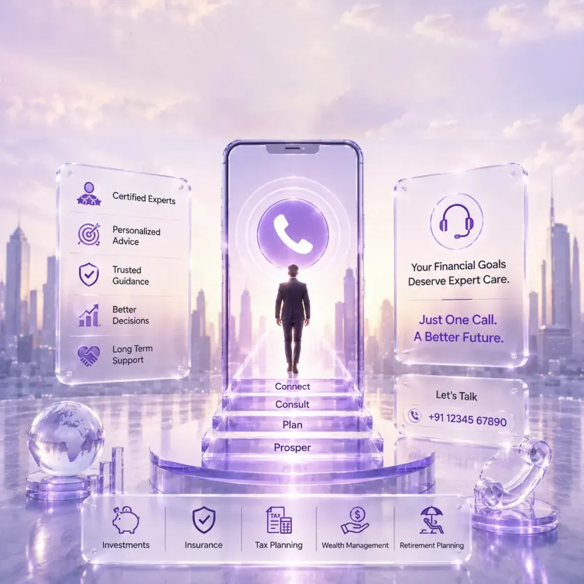 A phone showing a call icon above steps marked Connect, Consult, Plan and Prosper, flanked by panels for certified experts, personalised advice and long-term support across investments, insurance, tax and retirement planning.