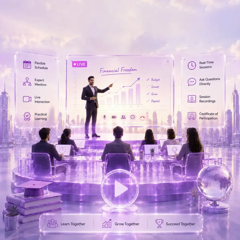 A mentor presenting a live session to seated attendees, beside panels for flexible scheduling, live interaction, session recordings and a certificate of participation.