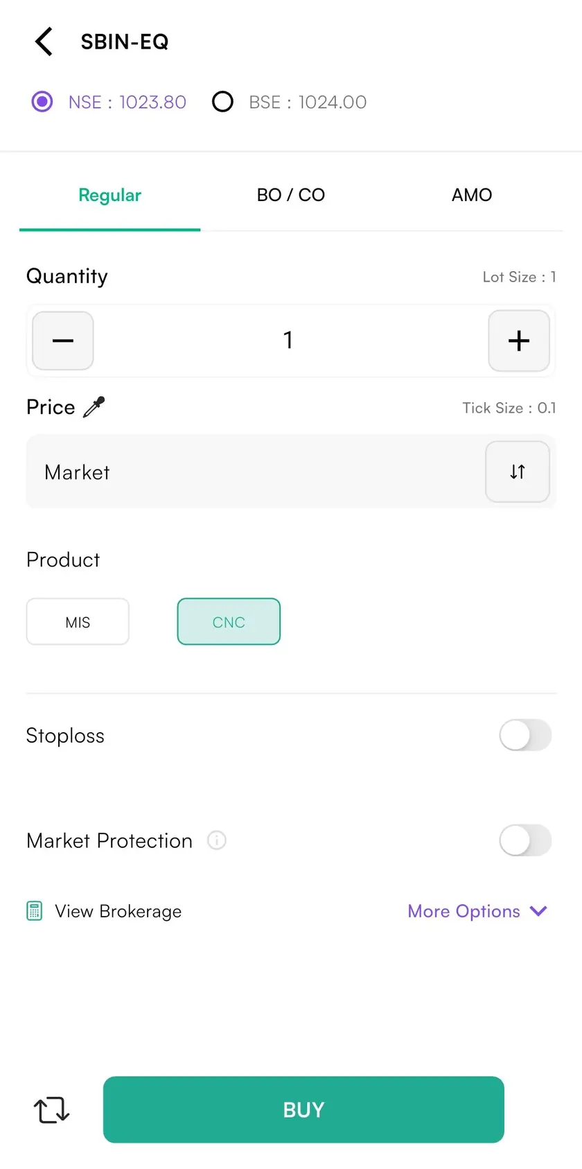 The SBIN-EQ order pad with quantity, market price and CNC product type above a full-width Buy button.